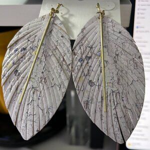Coronet Lavender Floral Faux Leather Feather Leaf Fringe Statement Earrings NEW
